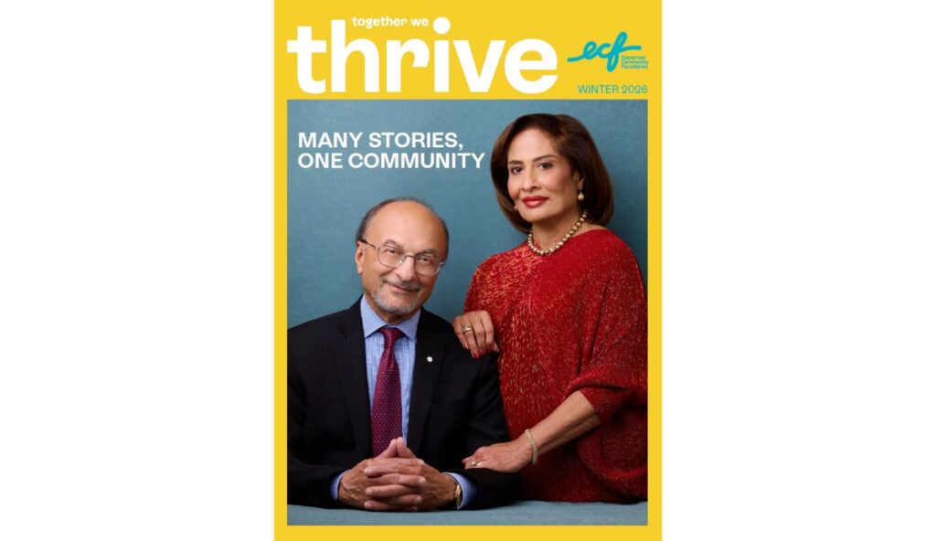 On the cover of Edmonton Community Foundation's magazine, Together We Thrive, Winter 2026, is The Honourable Salma Lakhani and His Honour Dr. Zaheer Lakhani.